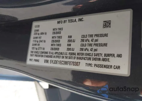 2021 Tesla Model 3 Performance Dual Motor All-Wheel Drive из США, поврежденный, VIN 5YJ3E1EC3MF870307